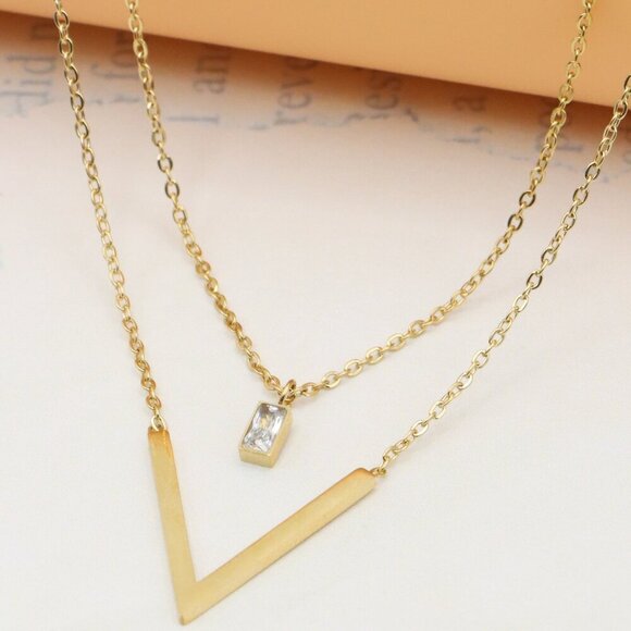 Yellow Gold Double Layer V Pendant Necklace, XPNL0359 - Picture 1 of 13